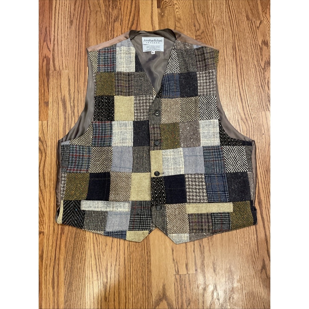 Jonathan Richard Ireland Men's Vest Wool Tweed Patchwork Multi Patterned XL